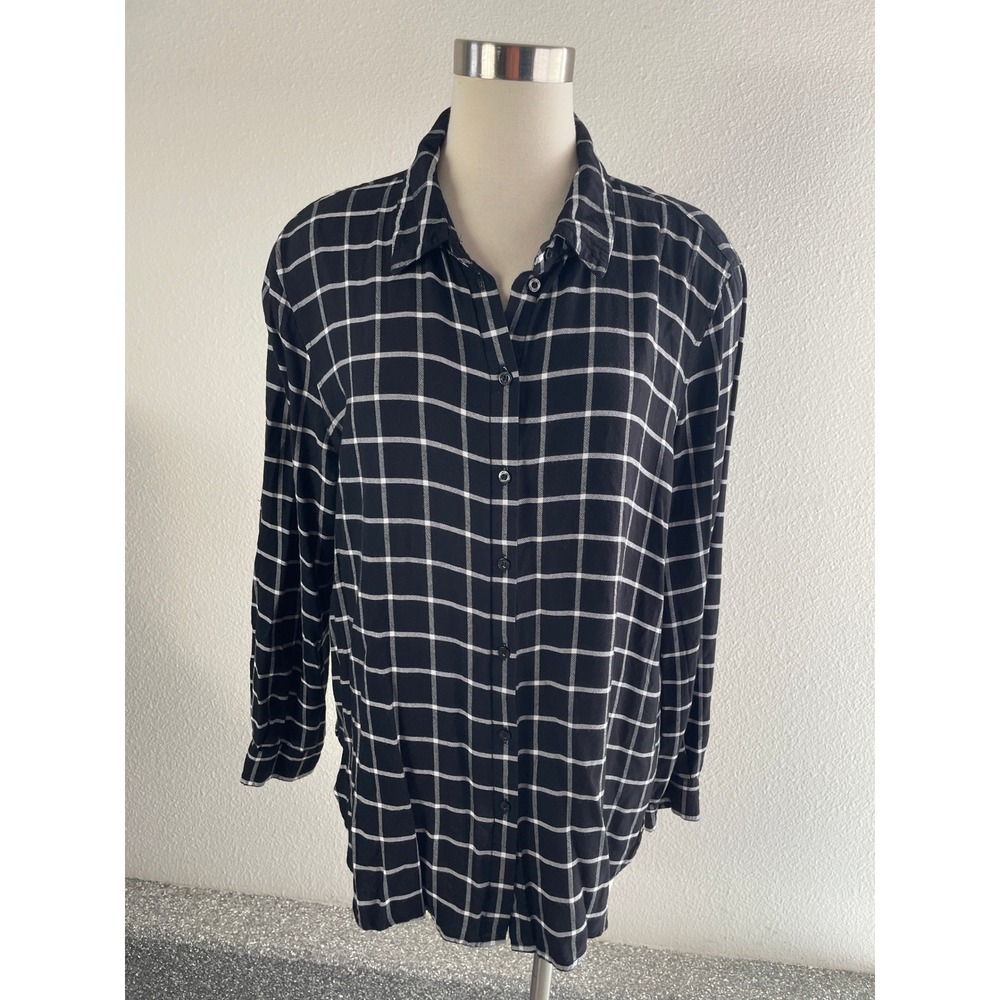 Calvin Klein Womens XL Black White Windowpane‎ Plaid Viscose Button Down Blouse